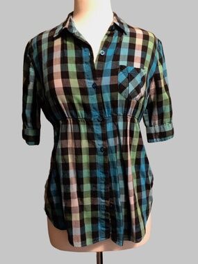 Lilu Plaid Button Down Shirt Juniors M Cinched Waist Short Sleeve Cotton Top